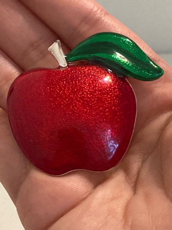 TC Jewelry - TC signed Red shiny Apple preloved Brooch with Green Leaf jewelry accessory